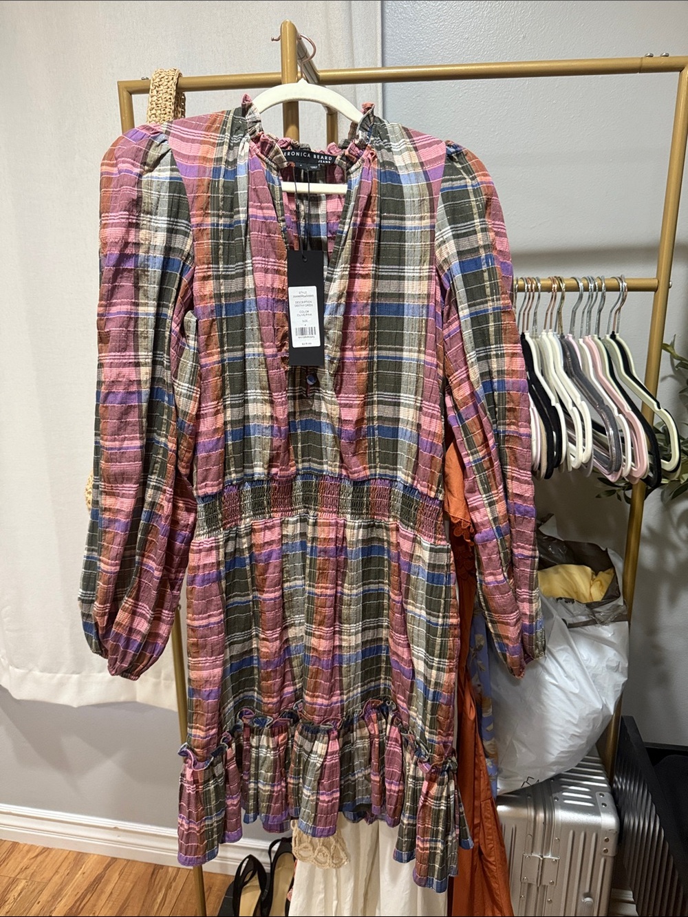 Veronica Beard Pink and Olive Plaid Ruffle Dress
